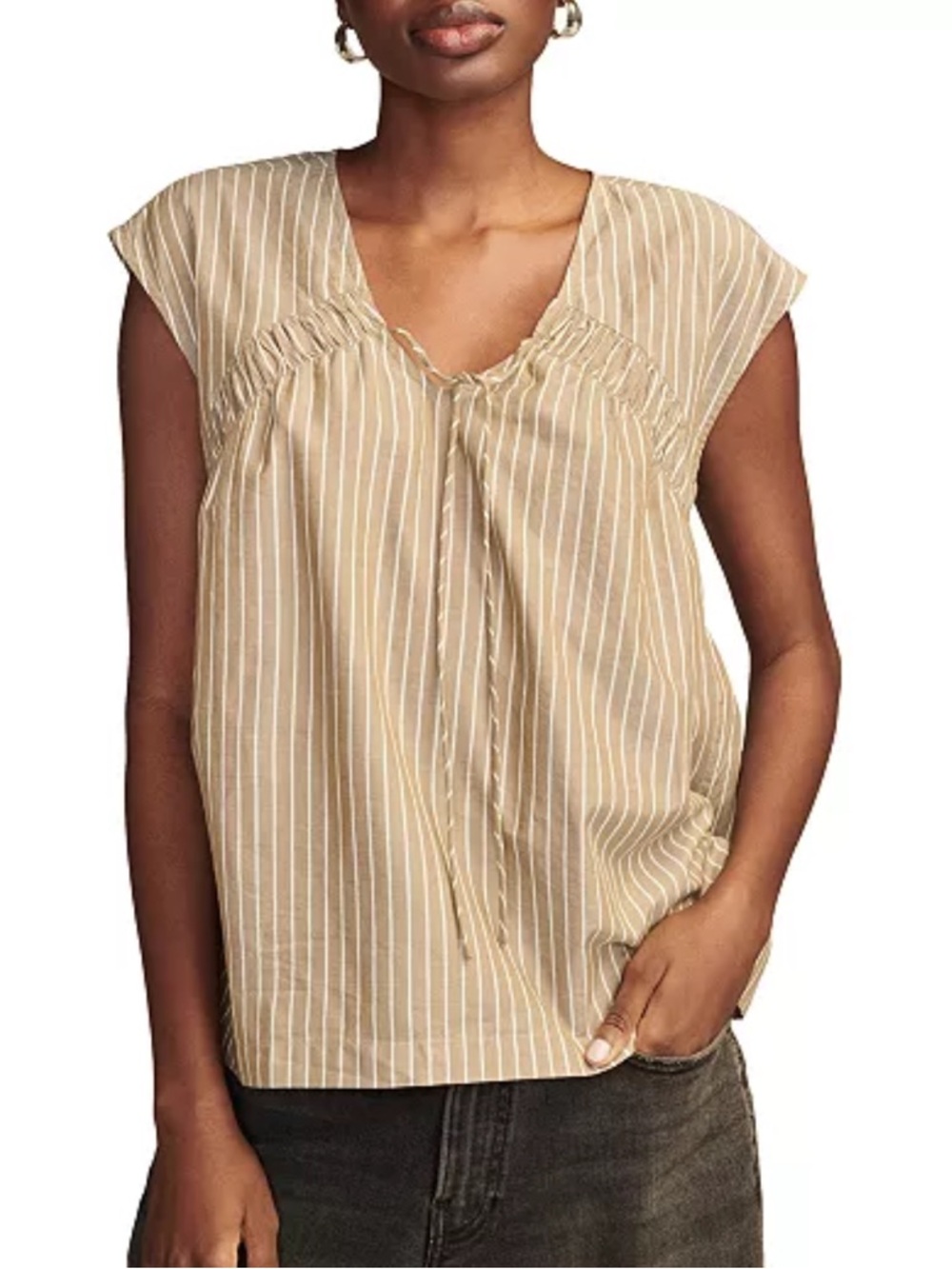 Lucky Brand Beige Women's Striped Ruched Tie-Front Top Size M
